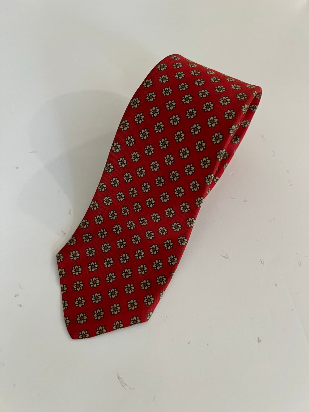Vintage Men's Tie Red with Gold Geometric Flower Print JL